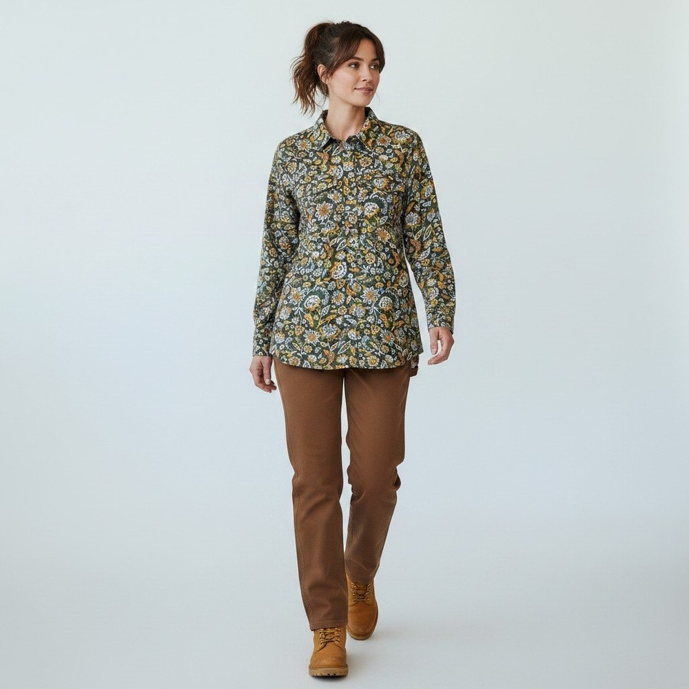 Duluth Trading Co Free Swingin Flannel Shirt Womens Medium Olive Floral Tunic